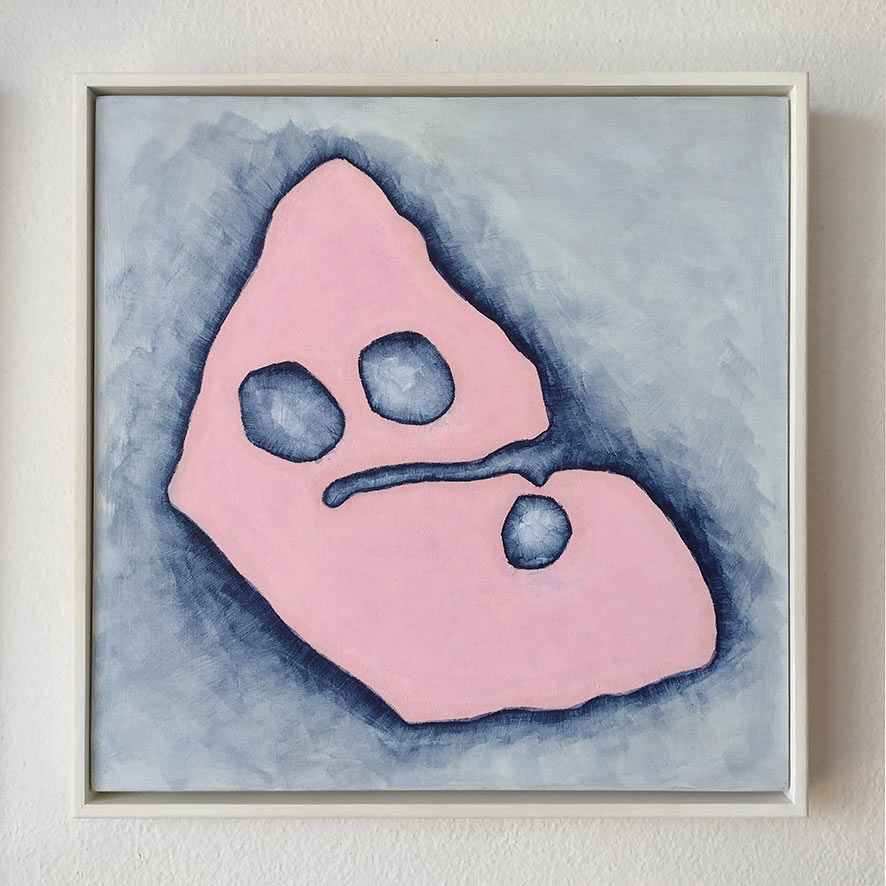An abstract painting featuring a diagonal pink shape with a brushed dark blue outline on a blue grey background. This shape partly resembles a face with two  circles for eyes and a curved line suggesting a mouth.