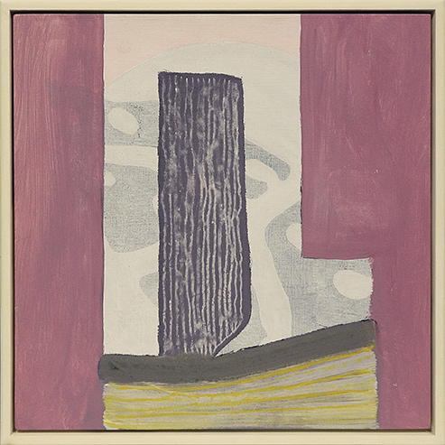 'Once Was' 32.5x32.5cm acrylic on board with frame, an oil dot painting with abstract geometric shapes on top, in grey, white, yellow, milky mauve