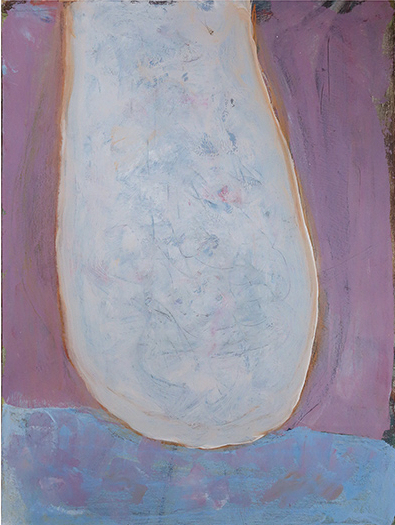 Title: Dont Know, acrylic on board 52x40cm, abstract shapes with textual brush marks, 3 main colours soft blue and pink with white organic shape on top