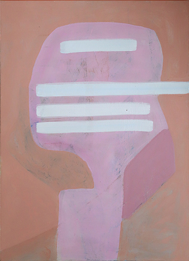Faceless, acrylic on board, 53x40cm, light pink shape on pastel orange, with white horizontal stripes