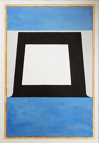 'Dust Flap' acrylic on watercolour paper, 62x44cm with frame, from my series of cardboard dust flaps, enlarged copy in black and white, with soft blue rectangle shapes filling paper shape