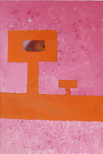 title: unknown origin, oil painting on board, pink background orange rectangular shapes 36x24cm
