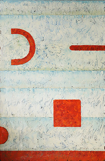 Title: 'Doesn't Matter' oil on board, 60x40cm, brush mark texture on blueish white in 5 horizontal rectangles, with 5 textured orange shapes