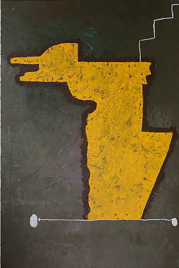 Title: 'Squiggle Man Landscape' oil on board, 60x40cm, Dark brown grey textured background, with centred textured yellow shape held in place by thin white lines