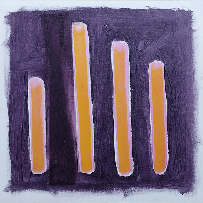This abstract painting features four vertical orange stripes with pink edges surrounded by a brush textured dark purple background.