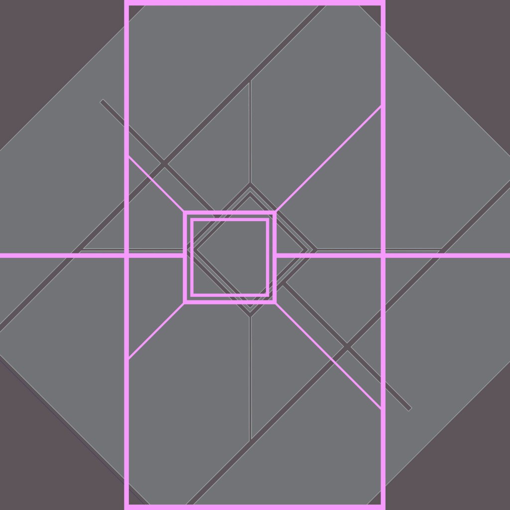 Geometric abstract design made with the tile pattern on a motel shower floor. The grey base at 45 degrees is a tonally flattened photo and the grout line is repeated on top in pink at 90 degrees.