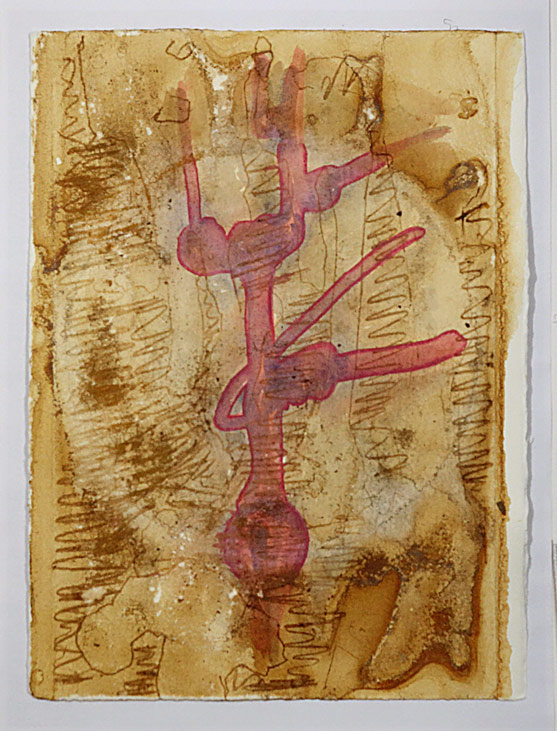 Abstract artwork featuring earthy tones that highlight the circular concrete saw. Centred in this is a pink drawing of vine segment, in the background are additional drawn shapes complementing the composition.