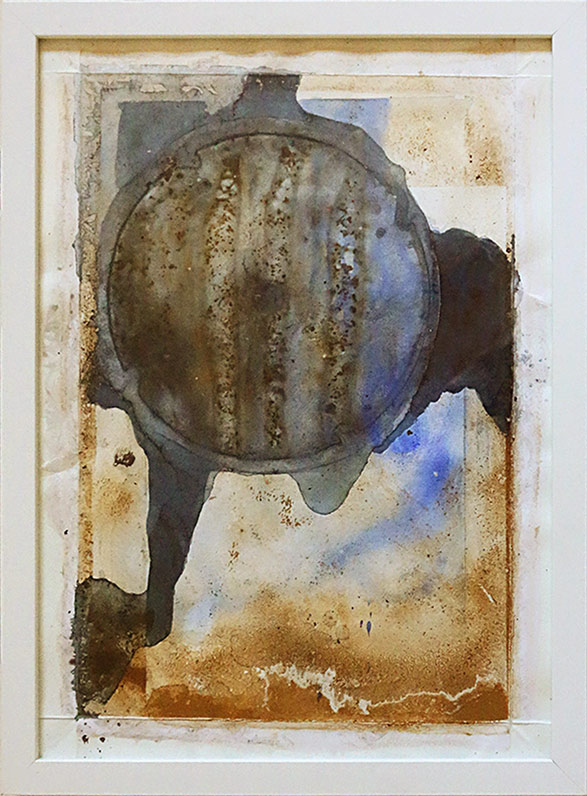 framed A4 abstract painting featuring the circular shape of a concrete saw highlighted in dark hues, surrounded by textured layers of natural dyes and blue watercolour washes.