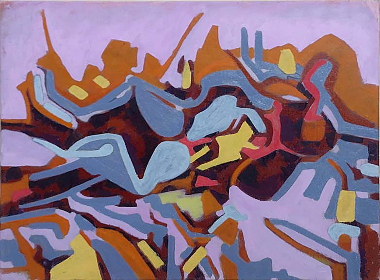 Abstract painting featuring swirling shapes with shades of blue grey, brown, red and yellow against a pink background. Based on, but with very little resemblance to, a photo of a squashed Queensland cane toad 