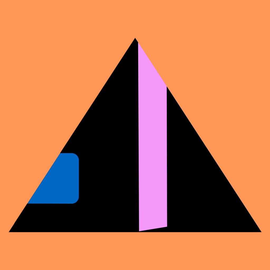 An abstract design using a black pyramid like triangle, on an orange background with part of a blue rectangle entering on the left side, and a vertical pink band to the right of centre.