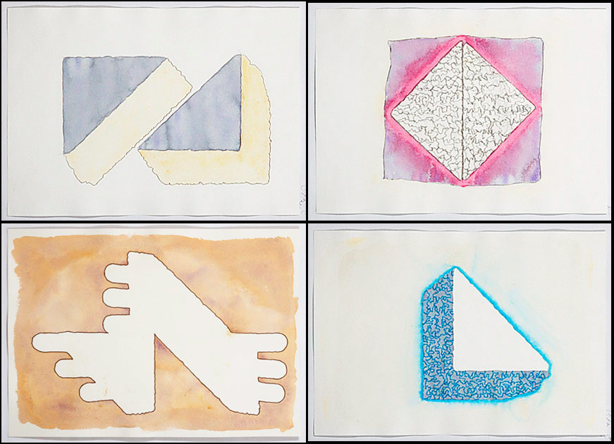 Four pen and ink tracings of brick paver corner, each coloured with a different watercolour wash.