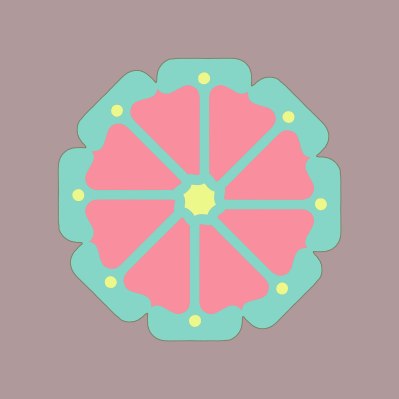 A symmetrical floral like pattern with 8 pink 'petals' on a pale green surround with 8 small yellow dots and a larger central one all on a muted warm grey background.