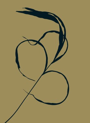 A minimalist digital design using a simplified scan of grass silhouetted on a muted ochre green background.