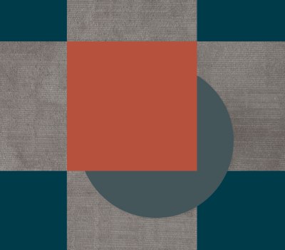 Geometric composition with a central red square over a grey circle, surrounded by teal squares and grey carpet squares.