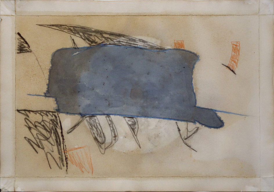 An abstract artwork featuring a blue grey shape, surrounded by black charcoal marks and orange strokes on a washy beige background.