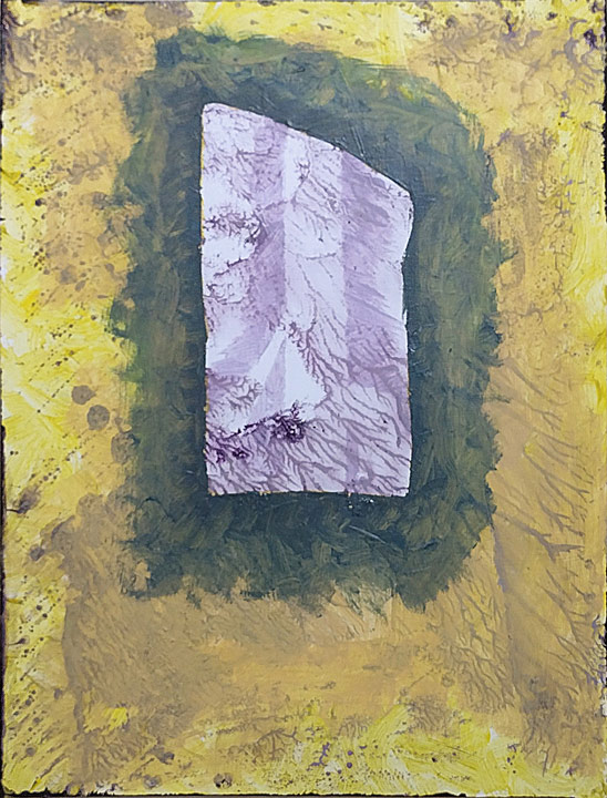 An abstract painting featuring a central irregular rectangular shape in muted purple tones, surrounded by a green wash, with a textured dirty yellow background.