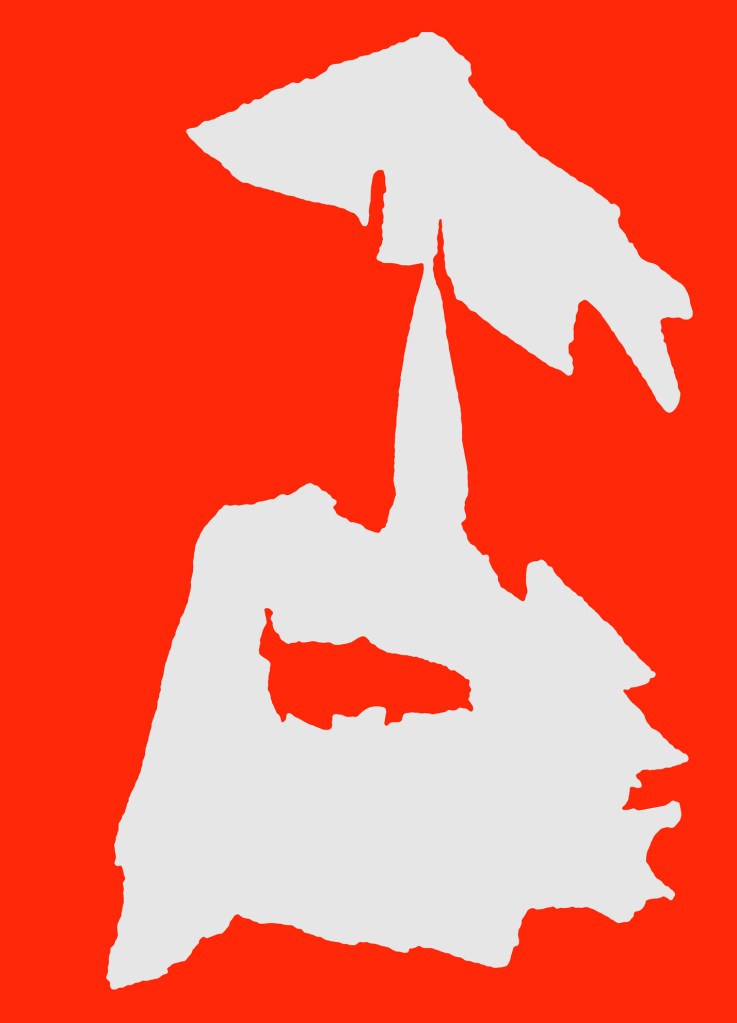 Its a white abstract shape digitally isolated from a photo of peeling paint set on bright red background.