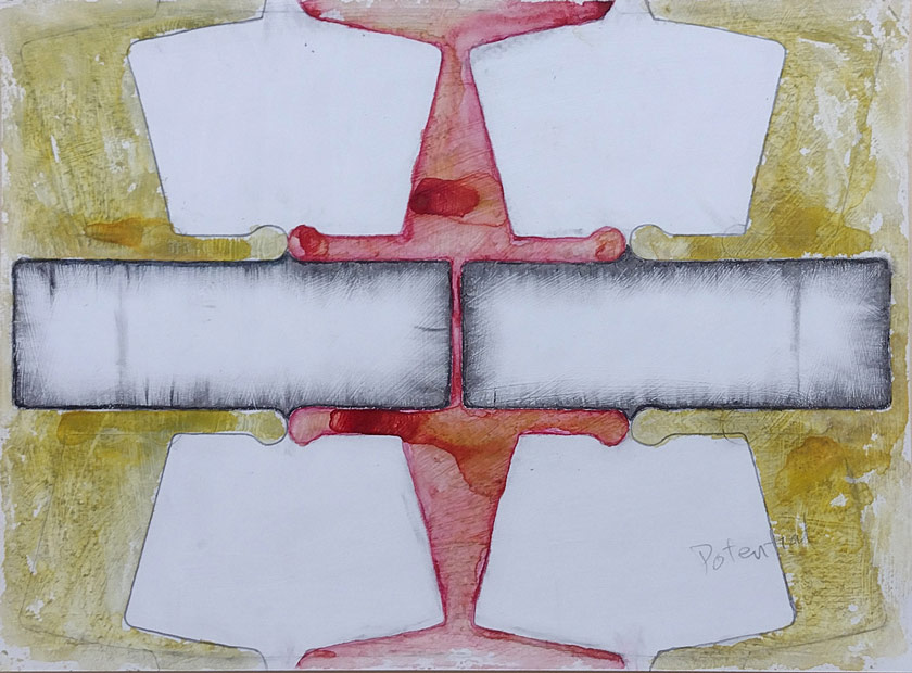 An abstract artwork featuring with prominent grey and white shapes on a background of yellow and red.