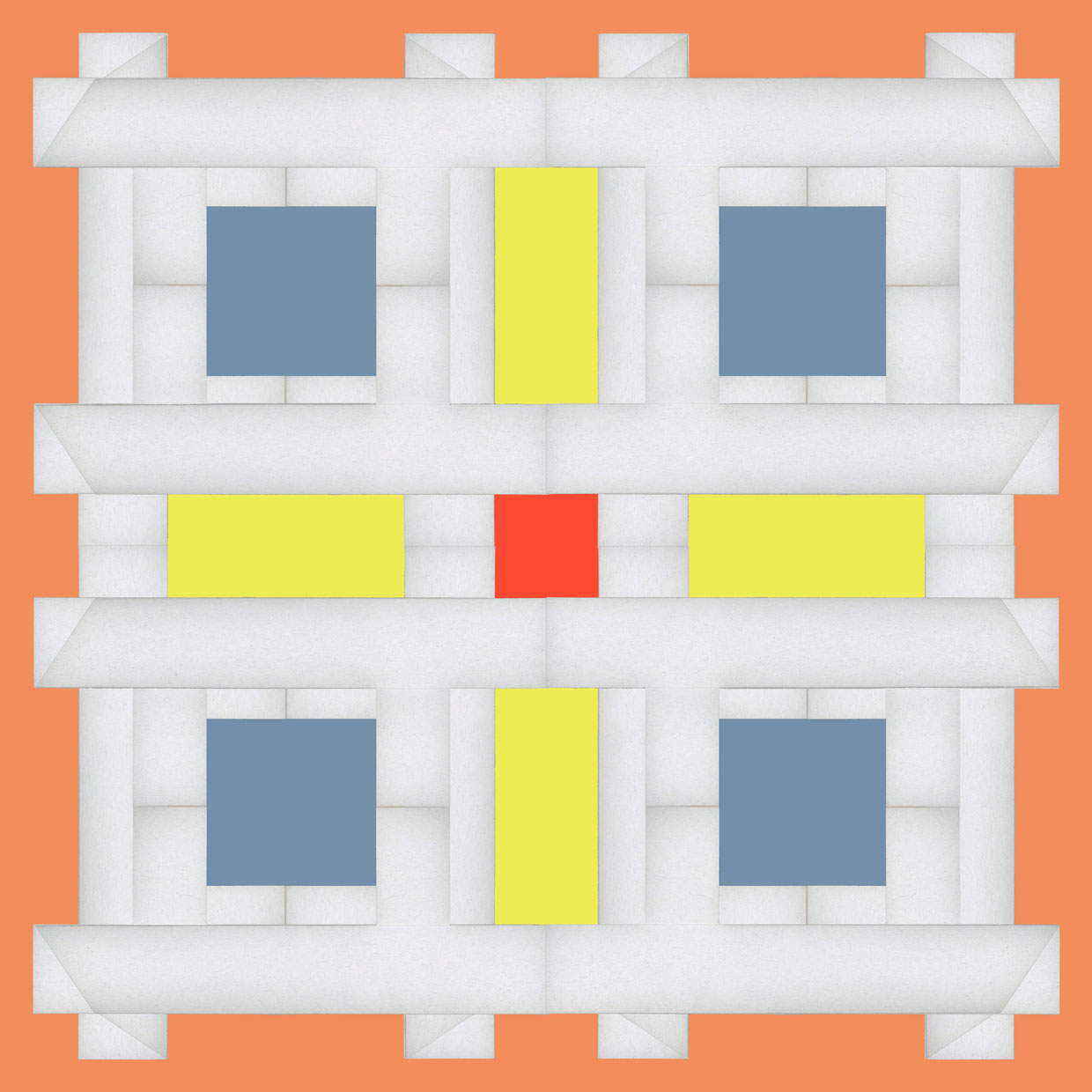 symmetrical grid using 4up scanned packaging with negative spaces filled with flat colour