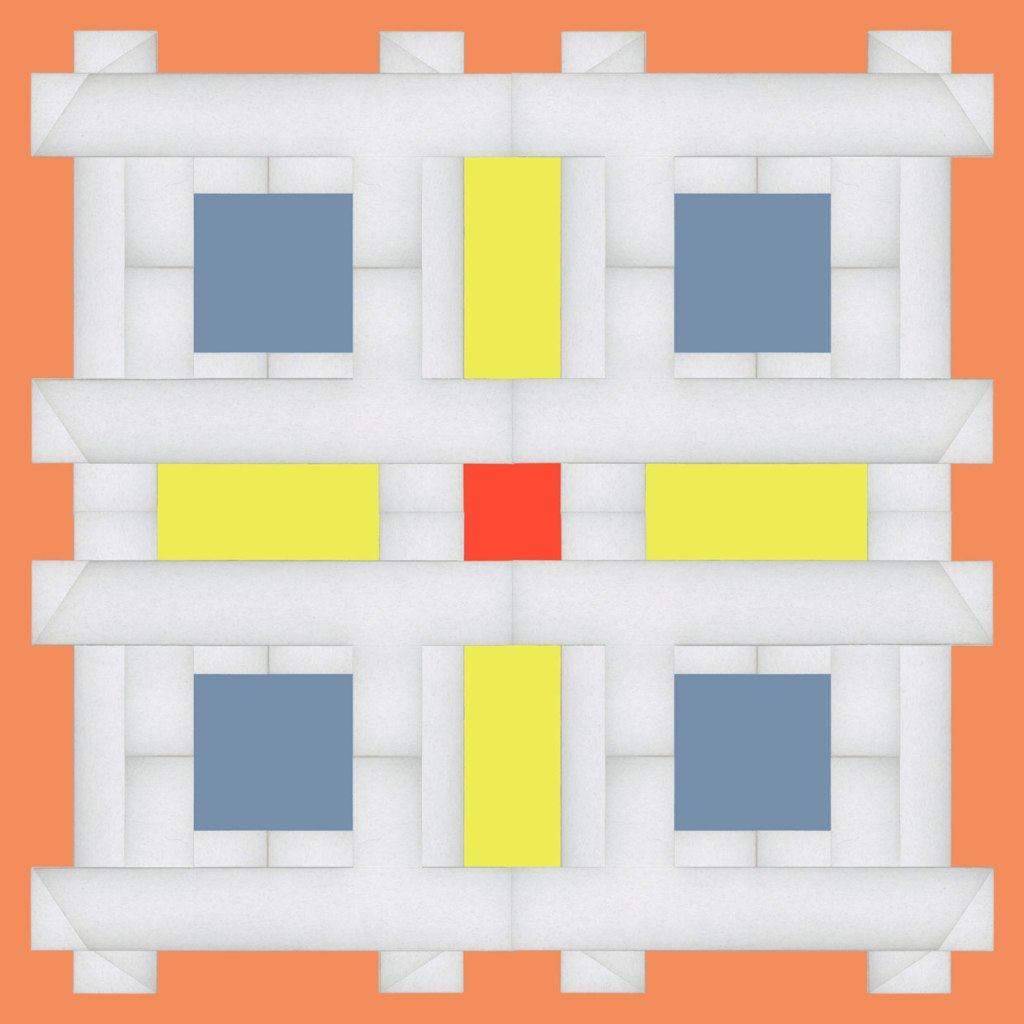 A grid of white toned pattern symmetrically dotted with yellow rectangles and red and blue squares against a coral pink background.