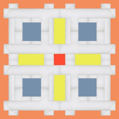 A grid of white toned pattern symmetrically dotted with yellow rectangles and red and blue squares against a coral pink background.