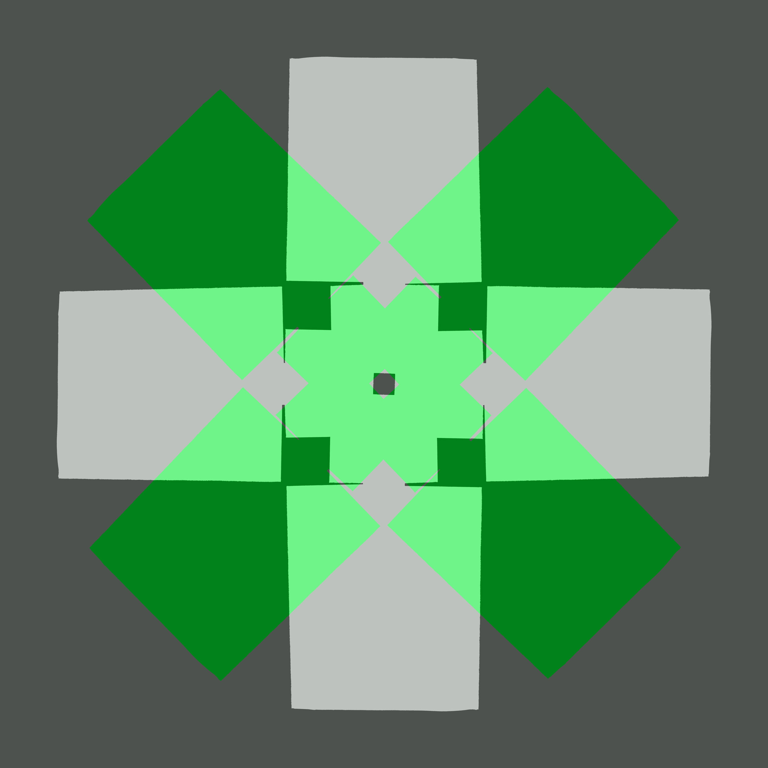 Opened packaging scanned flat, duplicated coloured transparent green rotated 45degrees on a dark grey background