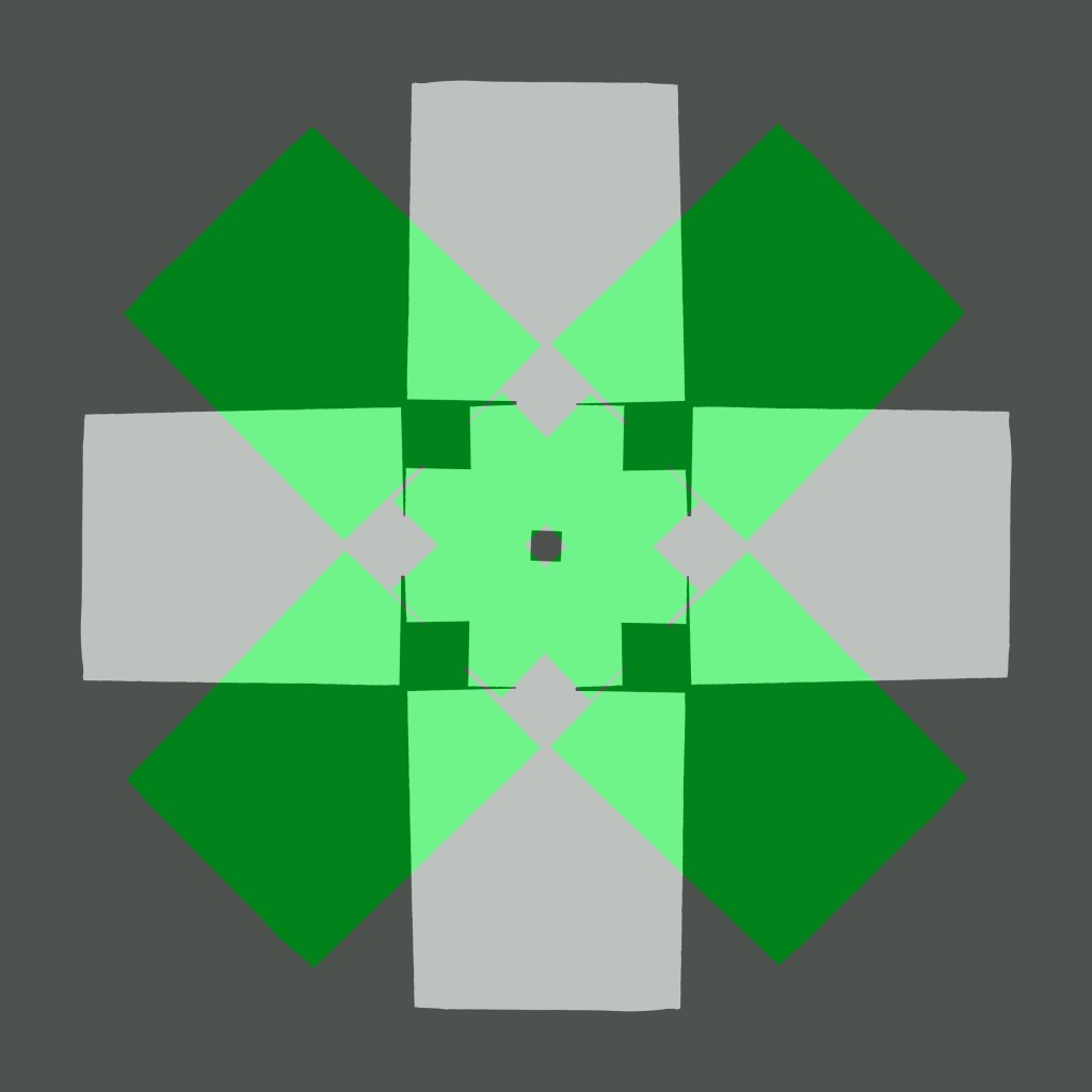 A symmetrical 4 section geometric design using a translucent lime green panel at 45 degrees over light grey panel with a dark grey background.