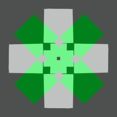 A symmetrical 4 section geometric design using a translucent lime green panel at 45 degrees over light grey panel with a dark grey background.