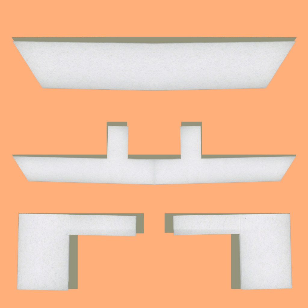 A digital collage featuring geometric abstract white shapes visible through a muted orange layer.