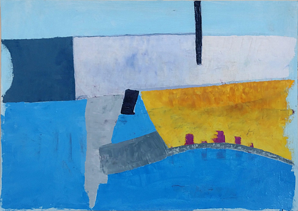 Abstract oil painting featuring irregular geometric shapes in shades of blue, with a few yellow and dark features.