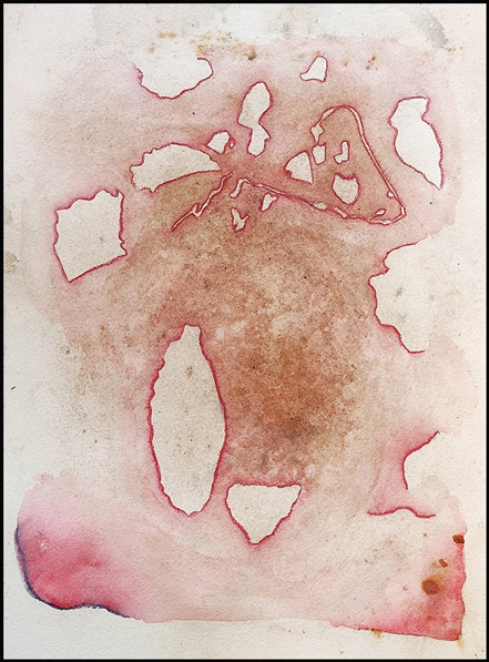 A4 abstract watercolour painting with irregular shapes and textures using washy shades of red and earthy colour from natural dyes.