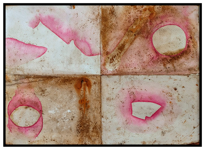 A textured art piece featuring four A4 papers using abstract organic shapes made with pink watercolour and brown staining patterns from natural dyes.