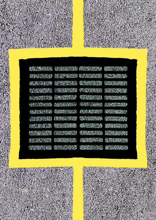Digitally altered photo of rectangular drain cover, filled with flat black and outlined by yellow, set on textured grey concrete.