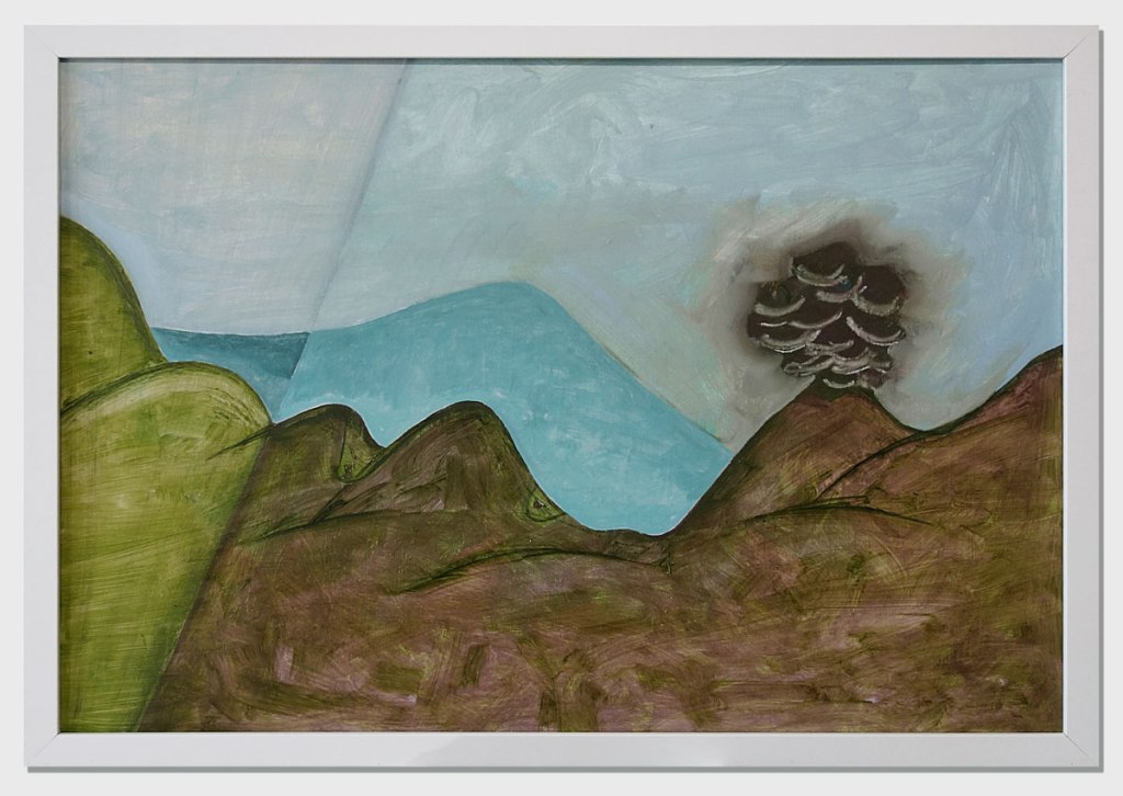 Abstract landscape painting featuring rolling hills in shades of green and brown, with a blue-grey sky and a lone dark tree on one hill