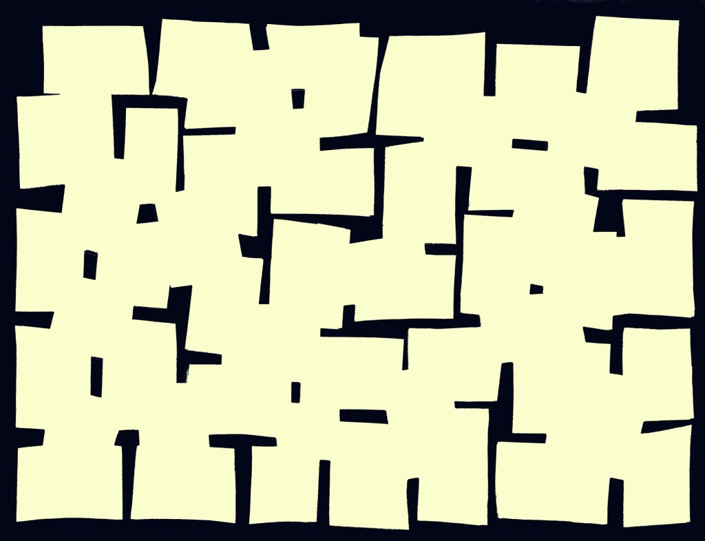 A collage of overlapping pale yellow rectangles and squares on a black background.
