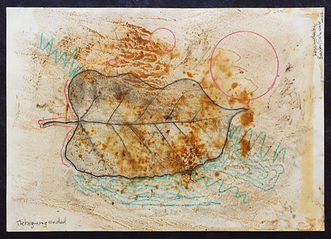 A drawing featuring a leaf  surrounded by abstract shapes and lines in muted colours. The textured background is covered in earthy tones from natural dyes.