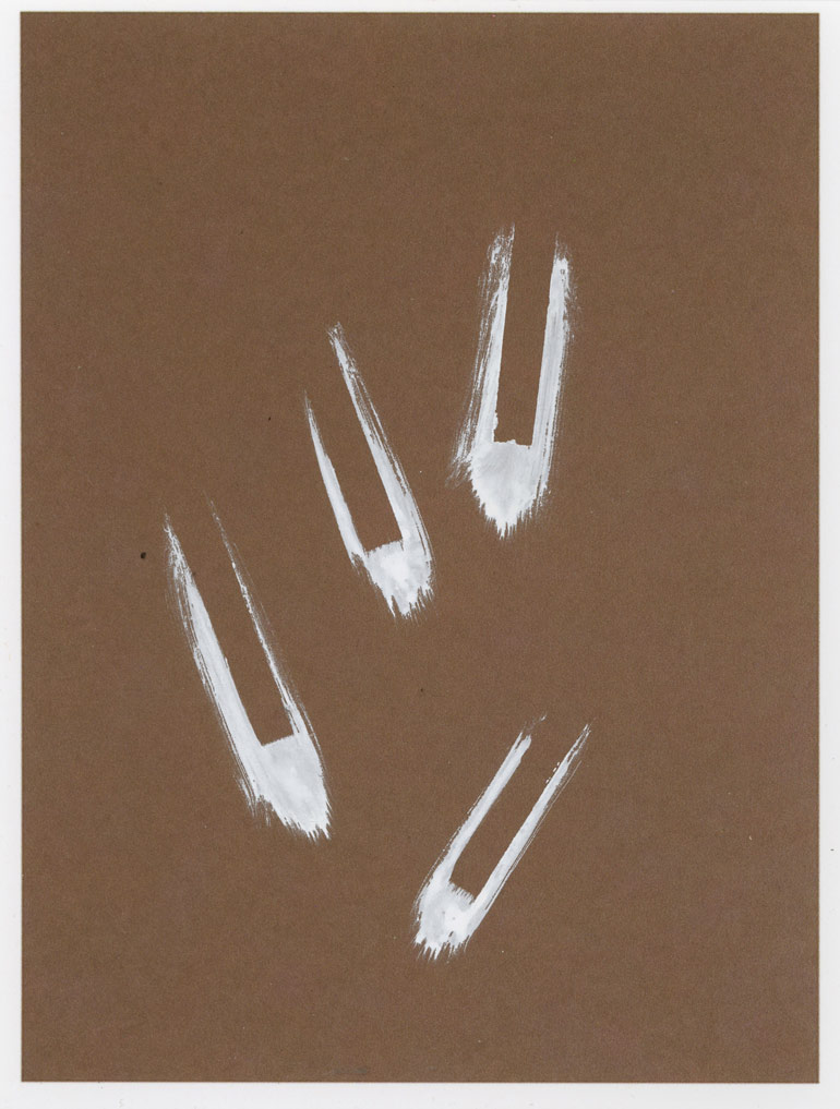 Four white brushstroke marks on a brown background, resembling claw or talon marks.