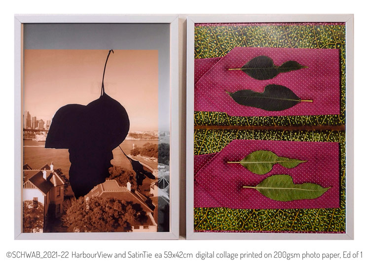 Two digital collages, the left one is a silhouette of a leaf on a soft earthy-toned cityscape, paired with a duplicated image of 2 leaves on a folded magenta satin tie placed on a macro photo of leaf net veins and oil dots.