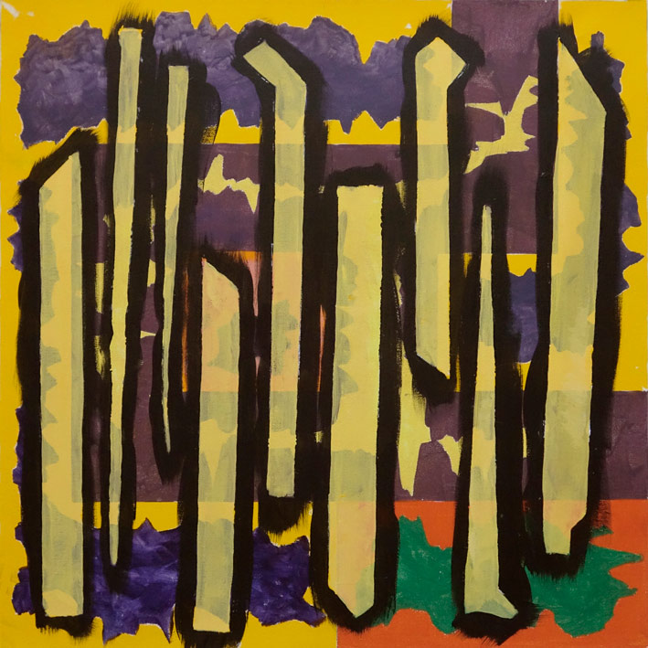 An abstract artwork featuring vertical, translucent yellow geometric shapes against a colourful background of purple and orange hues.