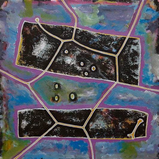 Abstract painting featuring two irregular black rectangular shapes outlined in white and purple on a blotchy background of blue, grey and green, divided with purple and white lines.