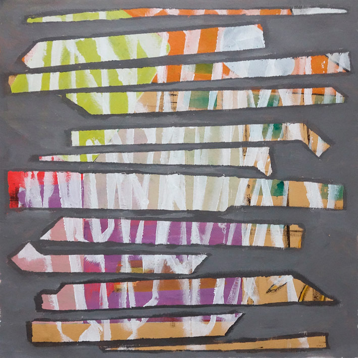 Abstract artwork featuring horizontal strips of various bright background colours showing through an outline of dark grey.