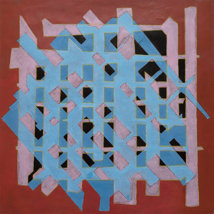 An abstract painting featuring layers of geometric shapes in with diagonal translucent blue, on top of horizontal and perpendicular pink stripes, with the lower negative shapes painted black, set against a dark red background.
