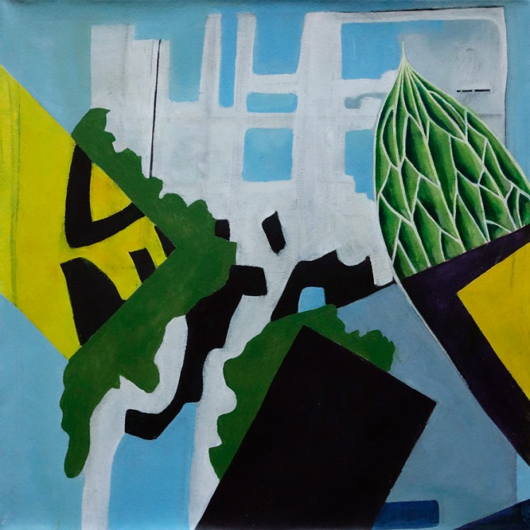 An abstract painting featuring geometric shapes in green, yellow, and black, and a green stylised leaf-like element on the right side all on top a background of geometric shapes in soft blue and white  