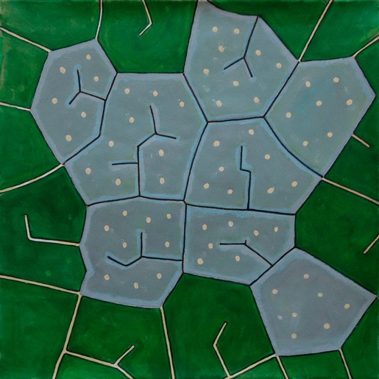 Abstract "graphic illustration" featuring a pattern of blue hexagonal like shapes with white dots and angular black lines on a green background.