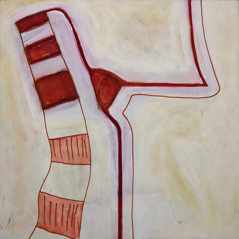 An elegant minimal abstract painting using curved red and pink lines on a light background, with a stylised organic geometric form.