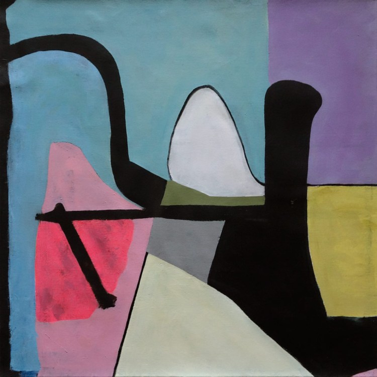 Abstract painting featuring organic and geometric shapes in various colours such as pink, purple, black, white, blue, and yellow.