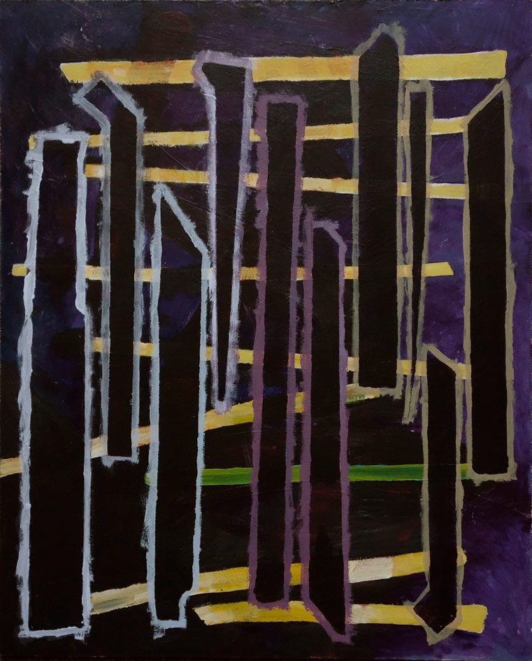 An abstract painting featuring vertical black stripe shapes with brushed outlines on top horizontal yellow strips, on top a black/purple background, creating strong contrast.