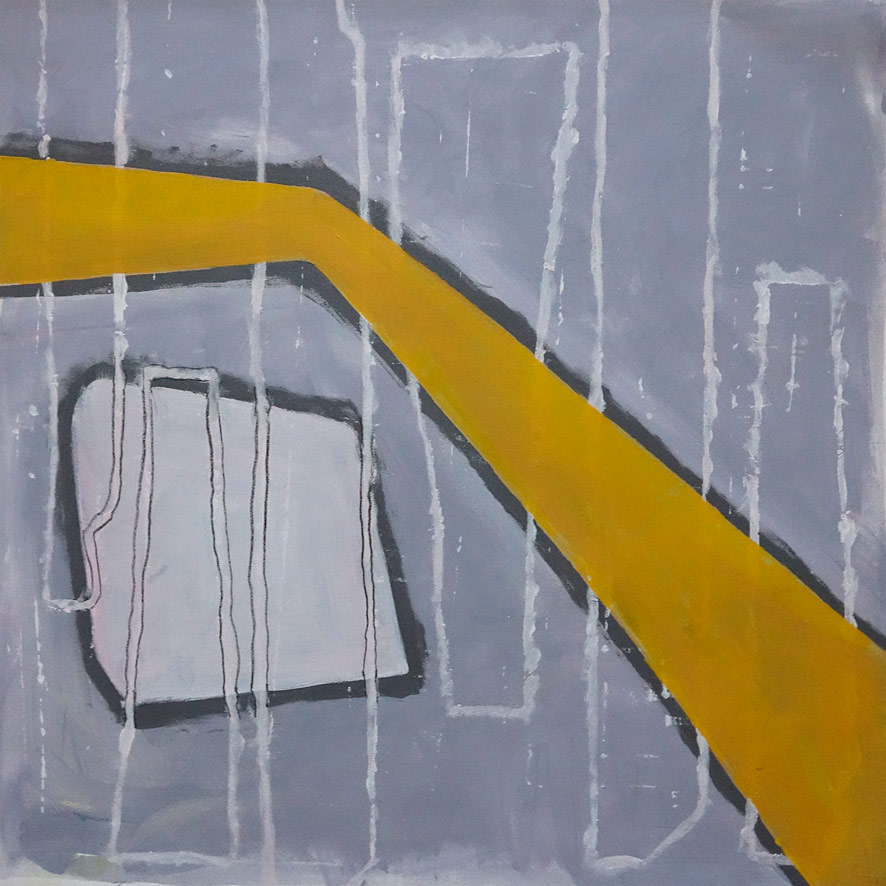 An abstract painting featuring a diagonal yellow shape with a white geometric shape outlined with dark grey and on a grey background, with faint linear white vertical painted lines.
