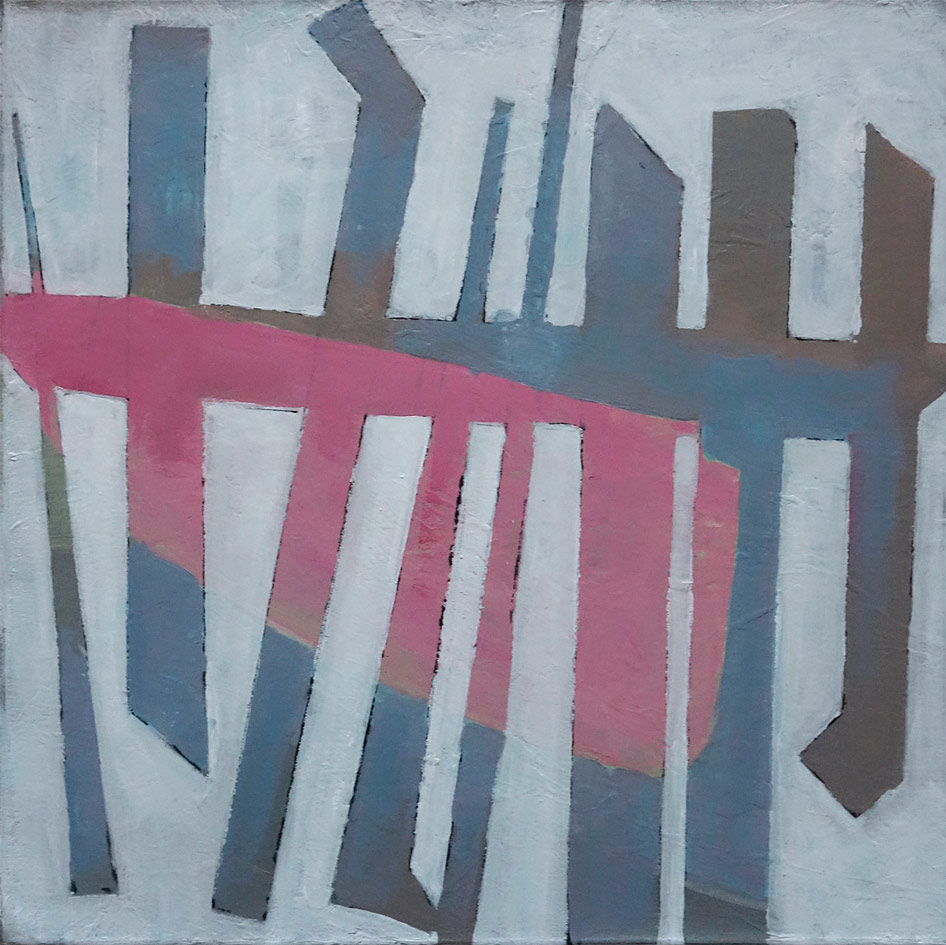 Abstract painting with geometric shapes/bands in shades of blue-grey, pink, brown on a pale-grey background.