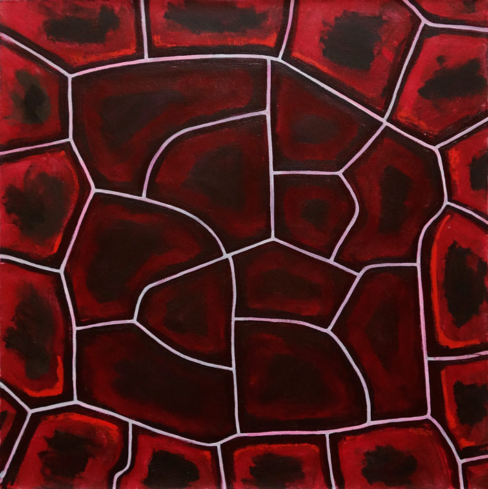 Abstract artwork featuring red and dark angular shapes outlined in white resembling a mosaic pattern.